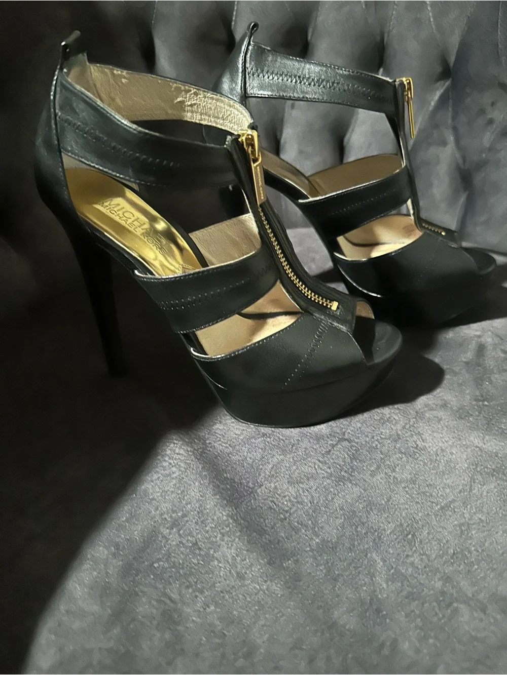 Michael Kors Berkley PlatformBlack Peep-Toe Strappy Heels with Gold Front Zipper